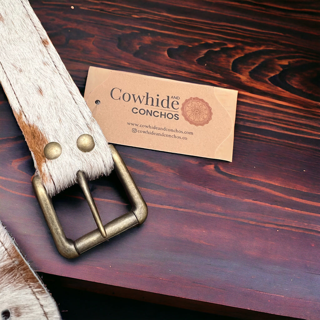 Hair on Hide Tan Brindle Leather Belt with Antique Belt Buckle - Large/XL