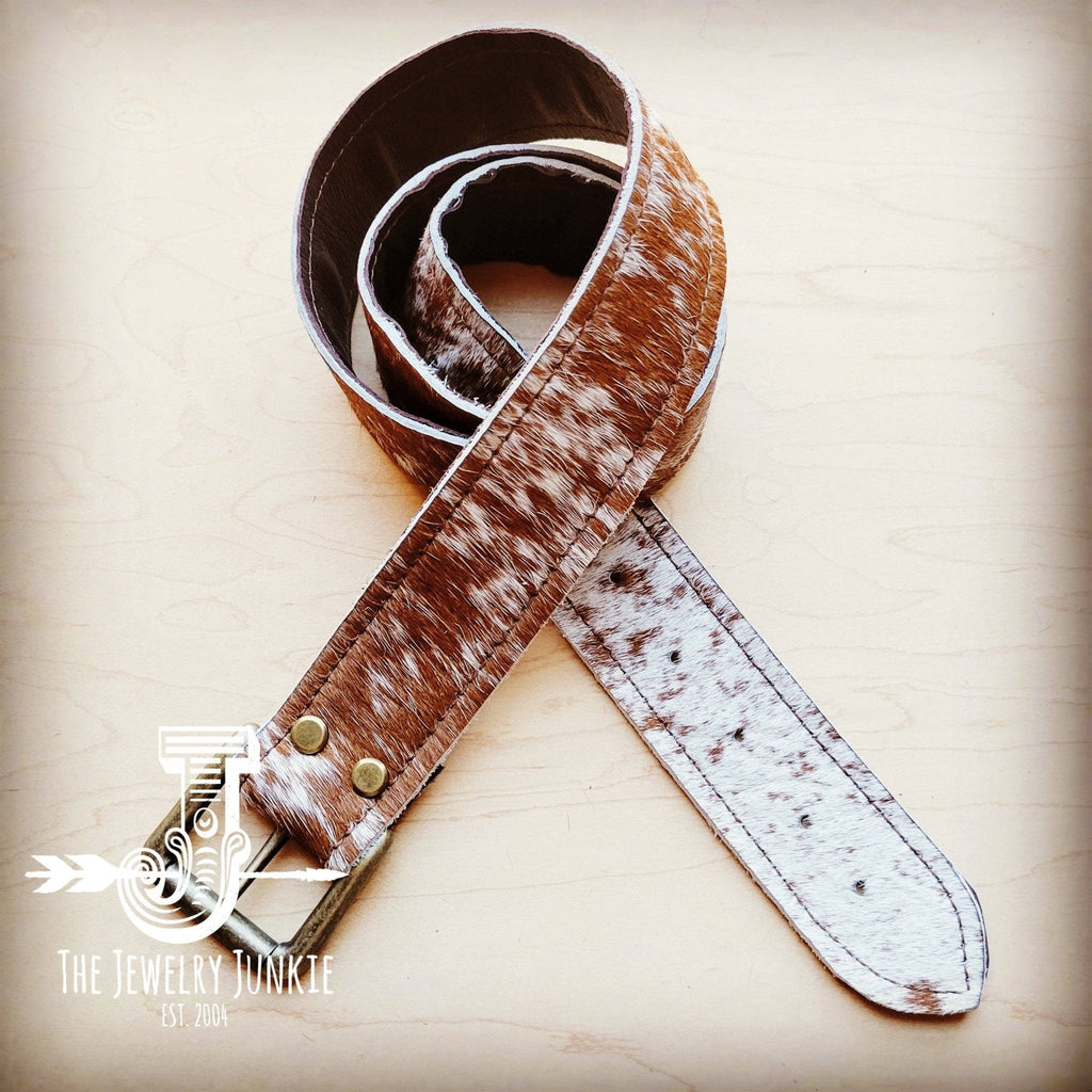 Hair on Hide Tan Brindle Leather Belt with Antique Belt Buckle - Large/XL