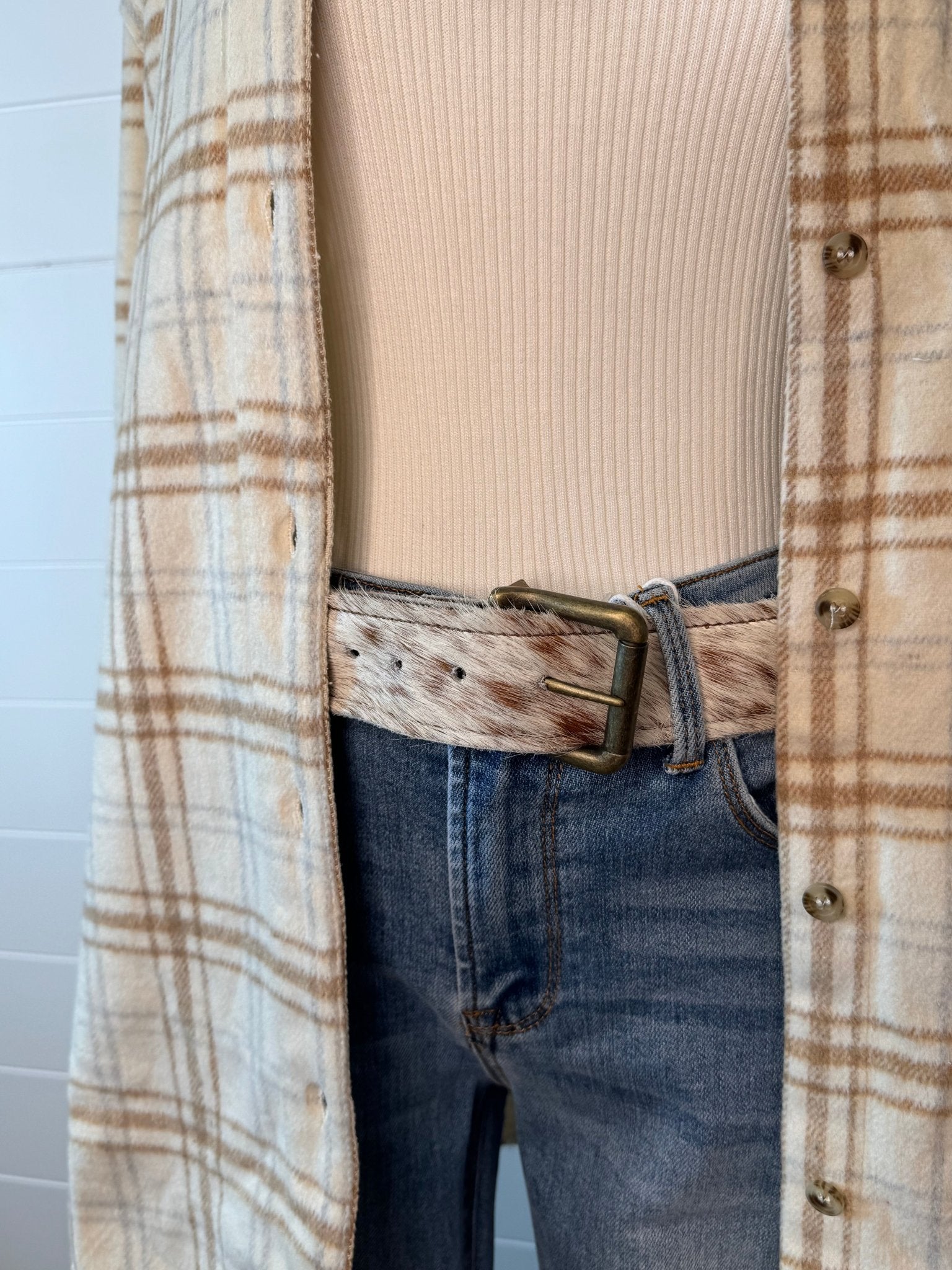 Hair on Hide Tan Brindle Leather Belt with Antique Belt Buckle - Large/XL