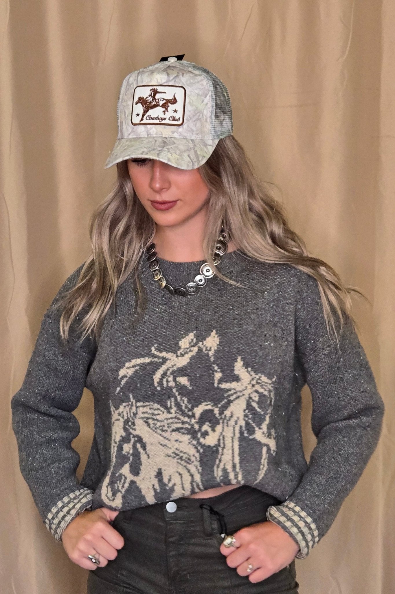 Horse Jacquard Long Long Sleeve Knit Sweater - Tan or Charcoal