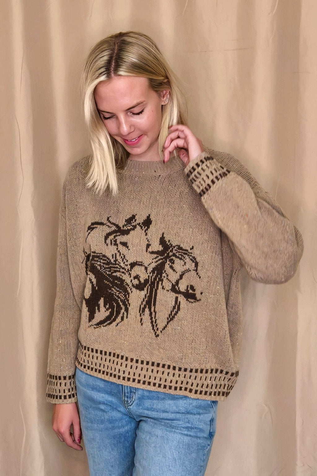 Horse Jacquard Long Long Sleeve Knit Sweater - Tan or Charcoal