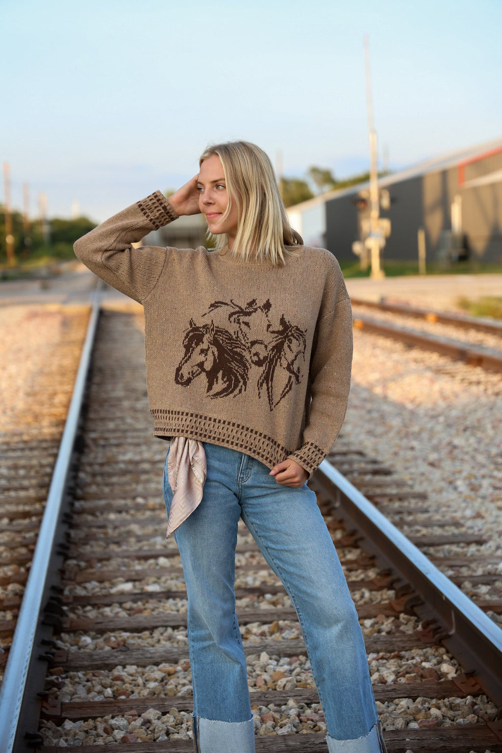 Horse Jacquard Long Long Sleeve Knit Sweater - Tan or Charcoal
