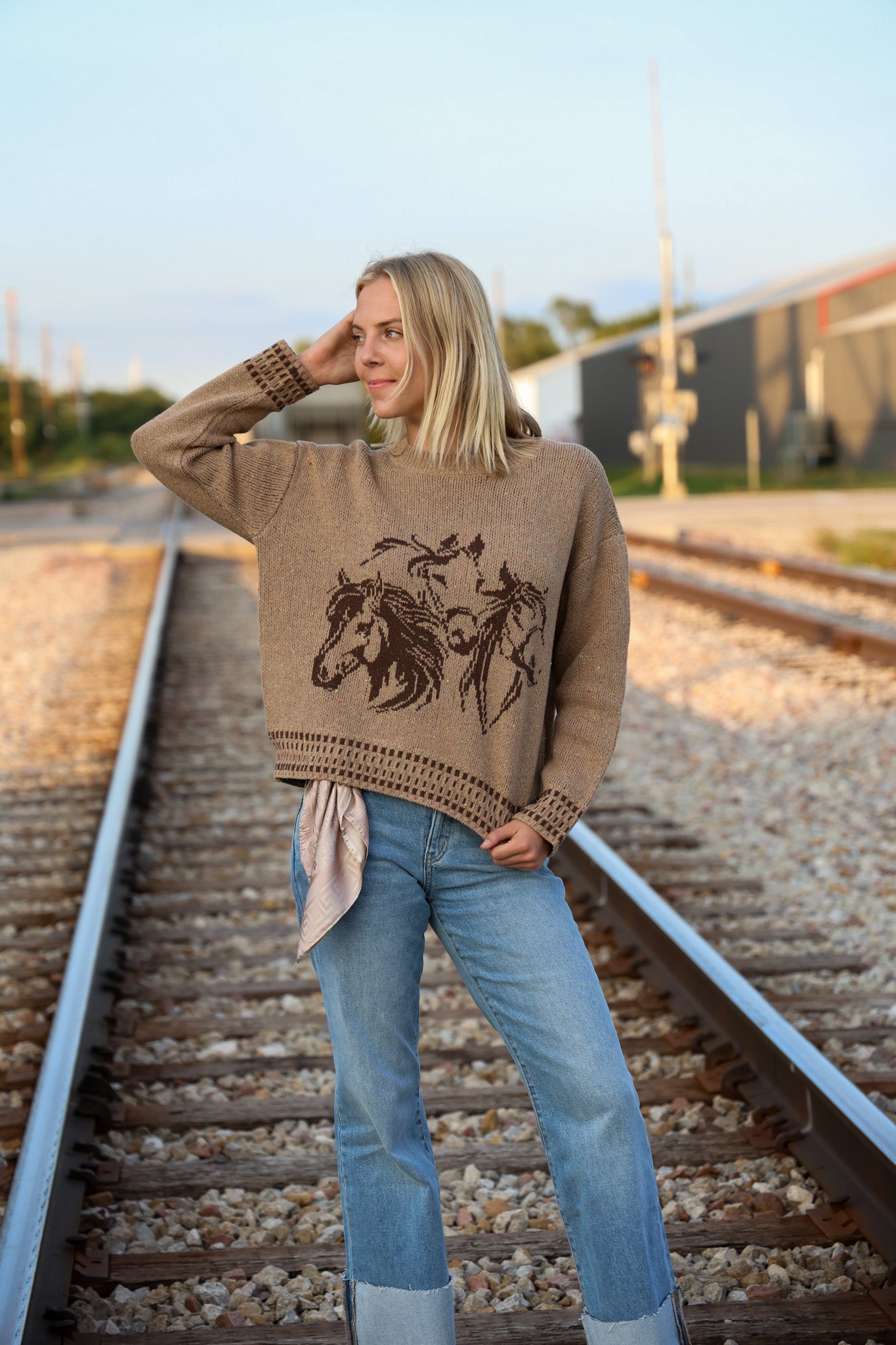 Horse Jacquard Long Long Sleeve Knit Sweater - Tan or Charcoal