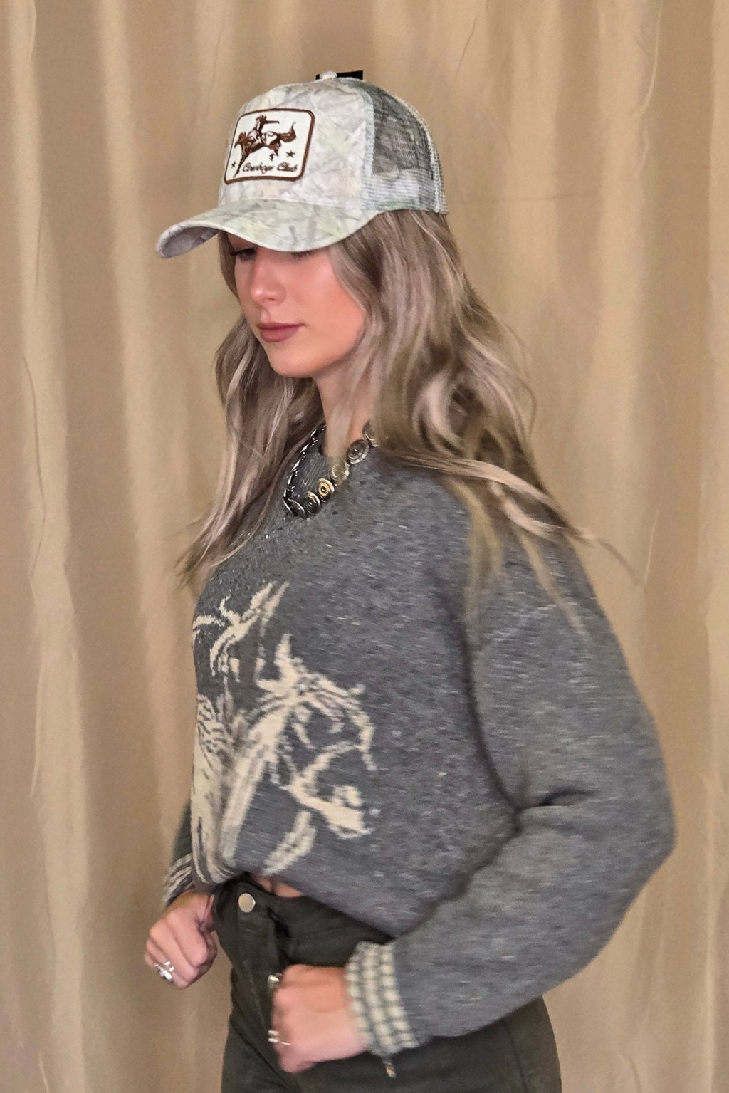 Horse Jacquard Long Long Sleeve Knit Sweater - Tan or Charcoal