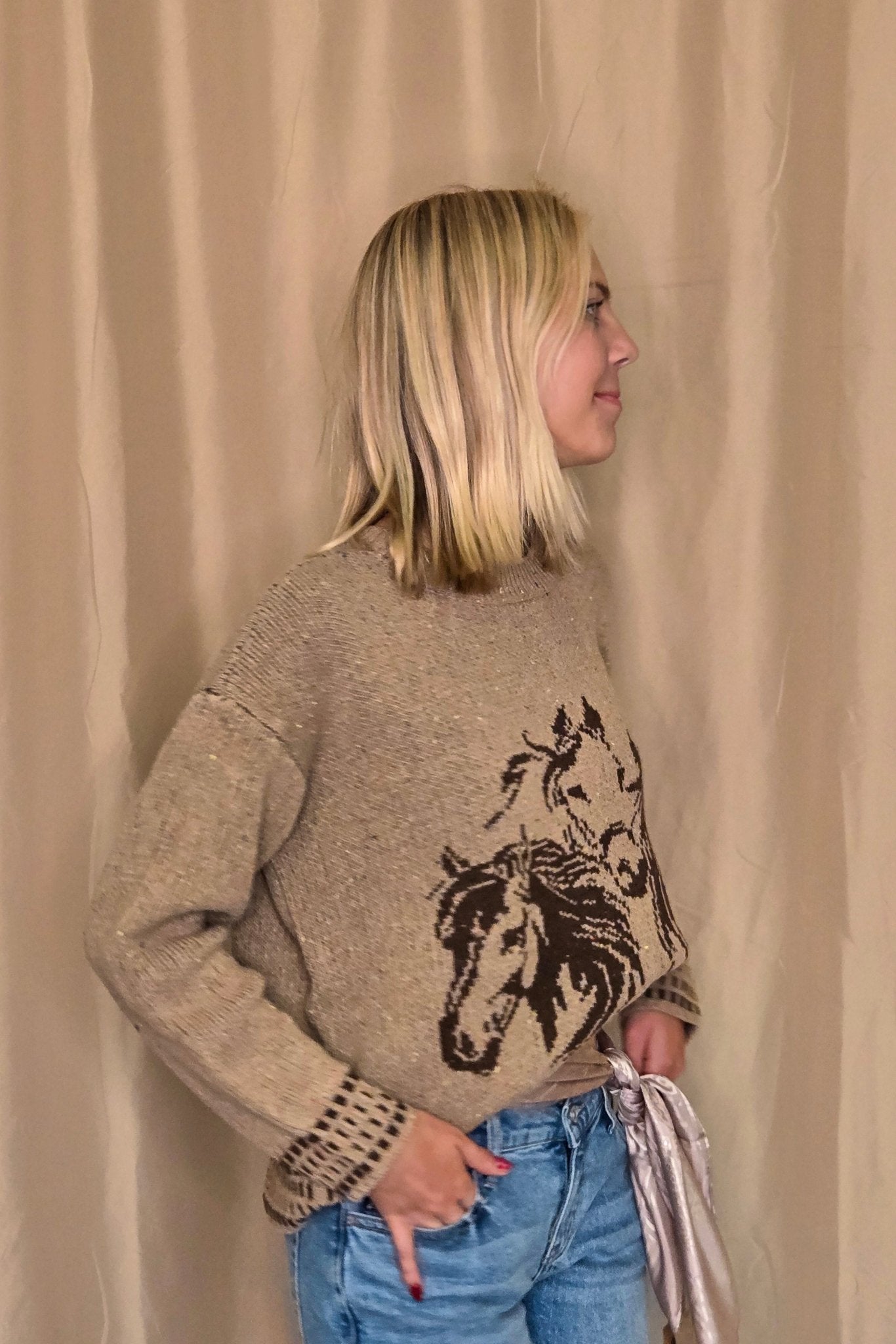 Horse Jacquard Long Long Sleeve Knit Sweater - Tan or Charcoal