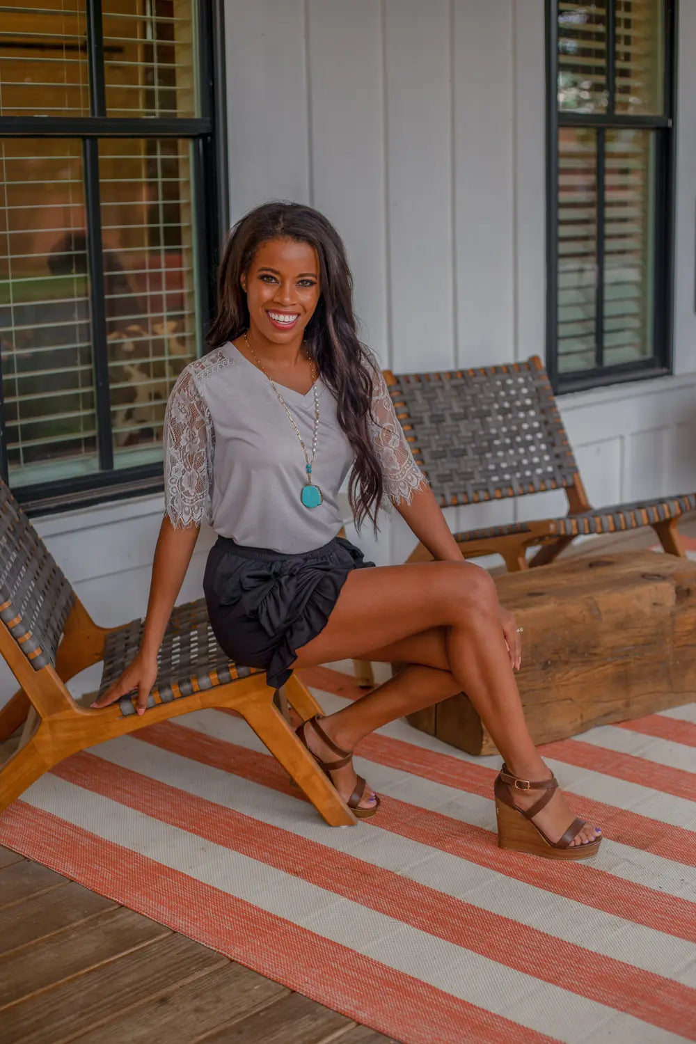 Montana Moon V-Neck Lace Short Sleeve Top