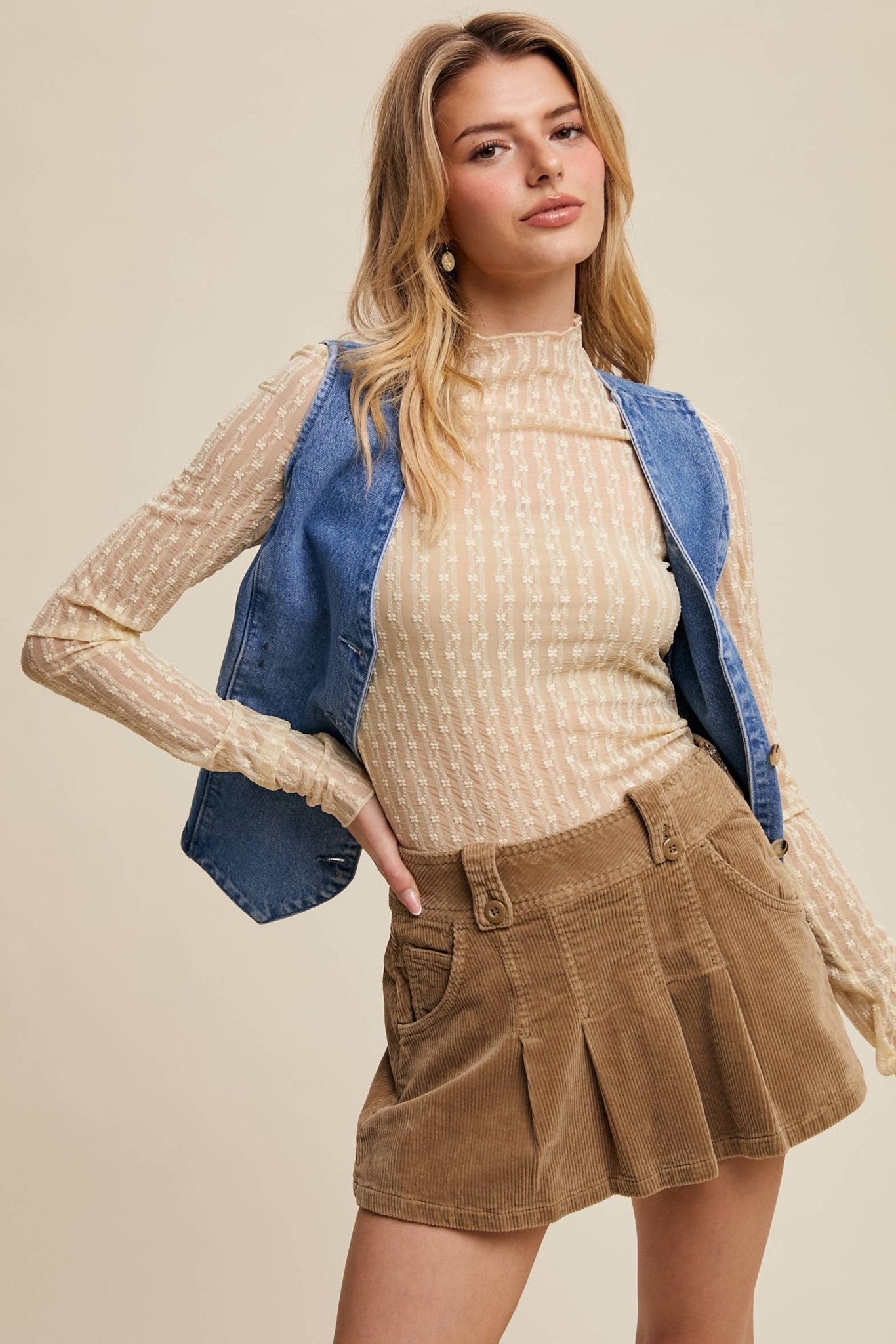 Lace Long-Sleeve Top - Tan or Butter colors