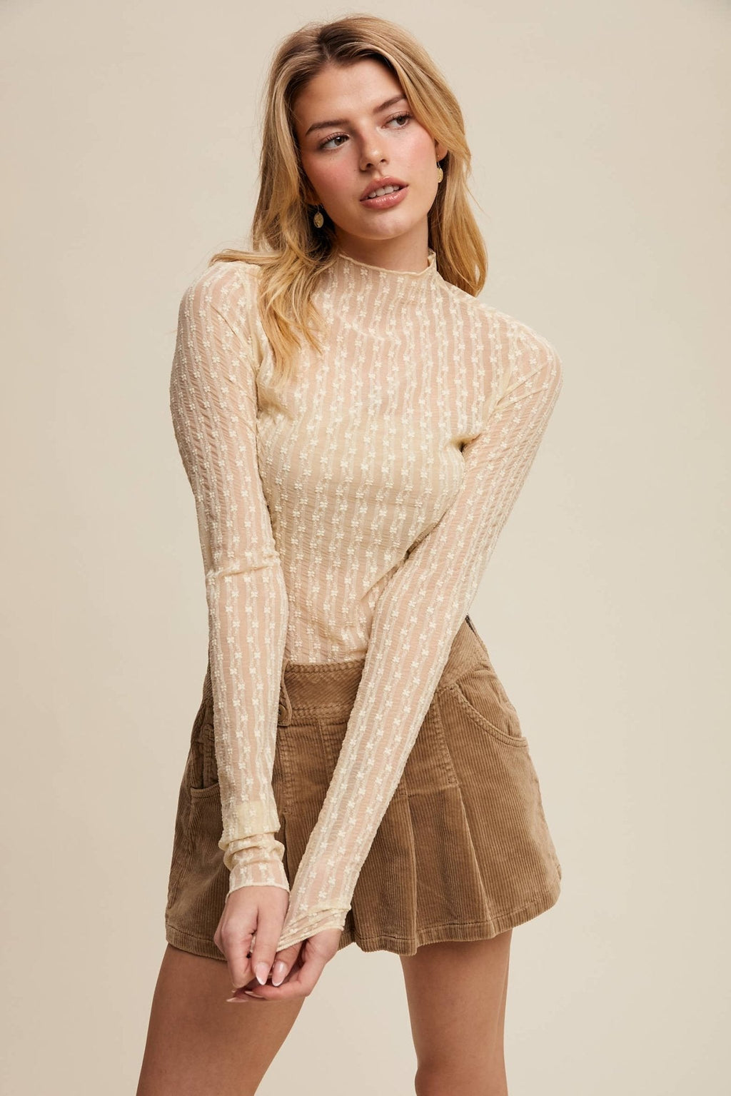Lace Long-Sleeve Top - Tan or Butter colors