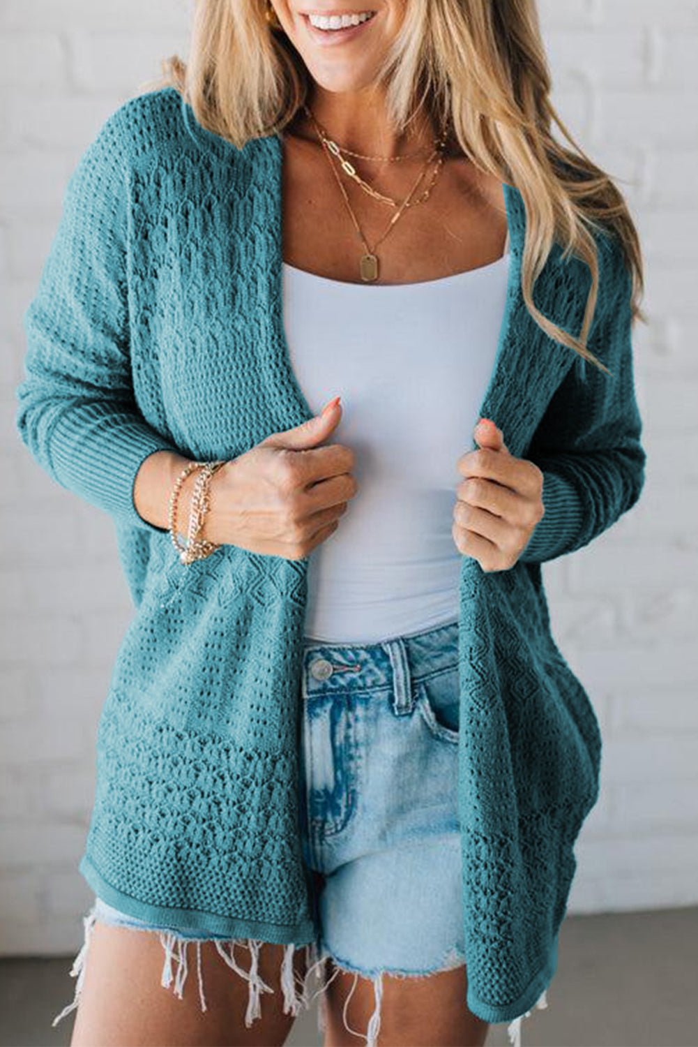 Lapis Mix Pattern Hollow Knit Open Front Cardigan