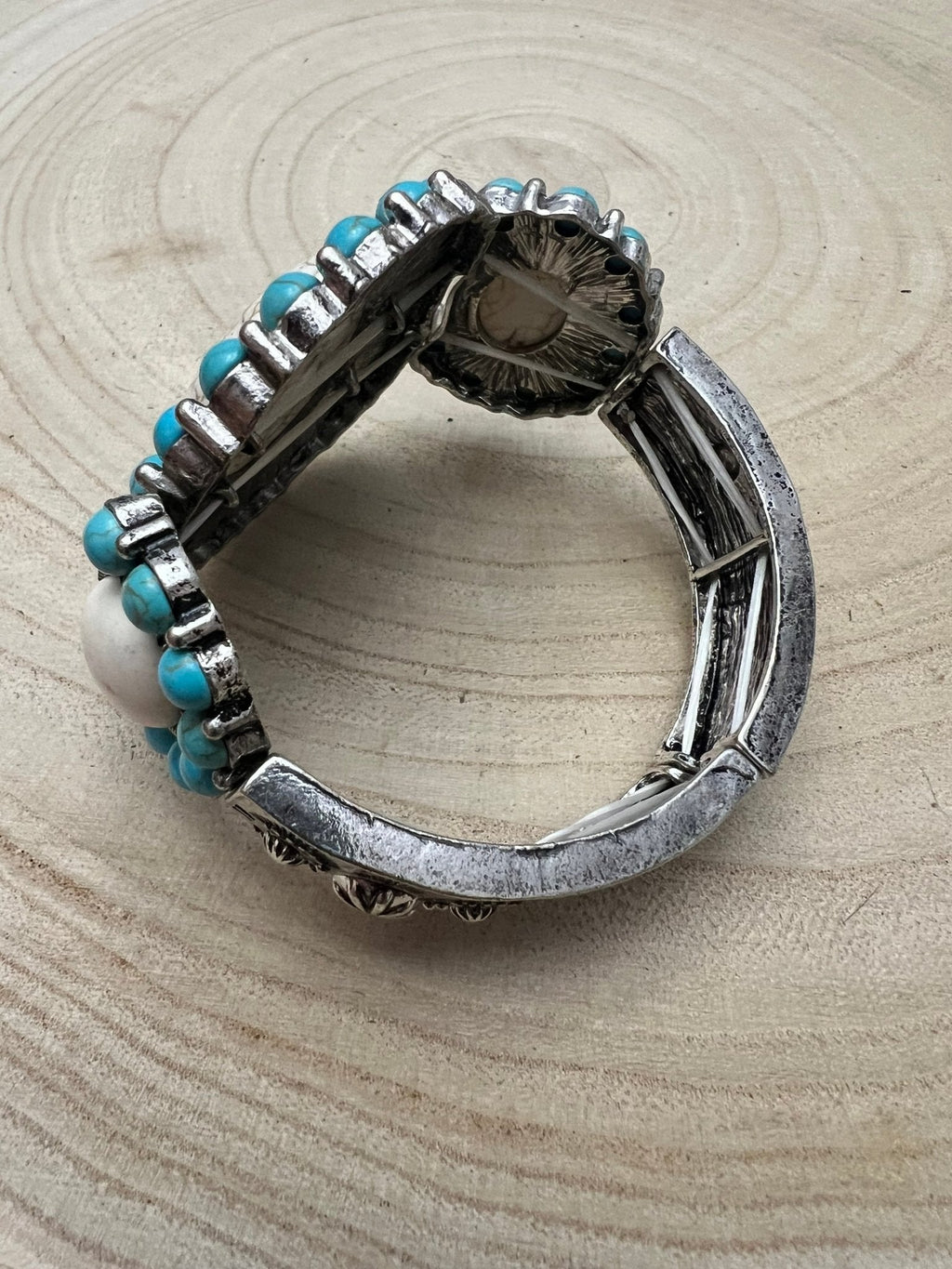 Large Western Faux Turquoise and White Buffalo Stretch Cuff Bracelet