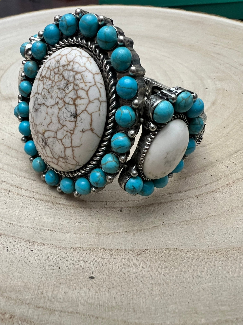 Large Western Faux Turquoise and White Buffalo Stretch Cuff Bracelet