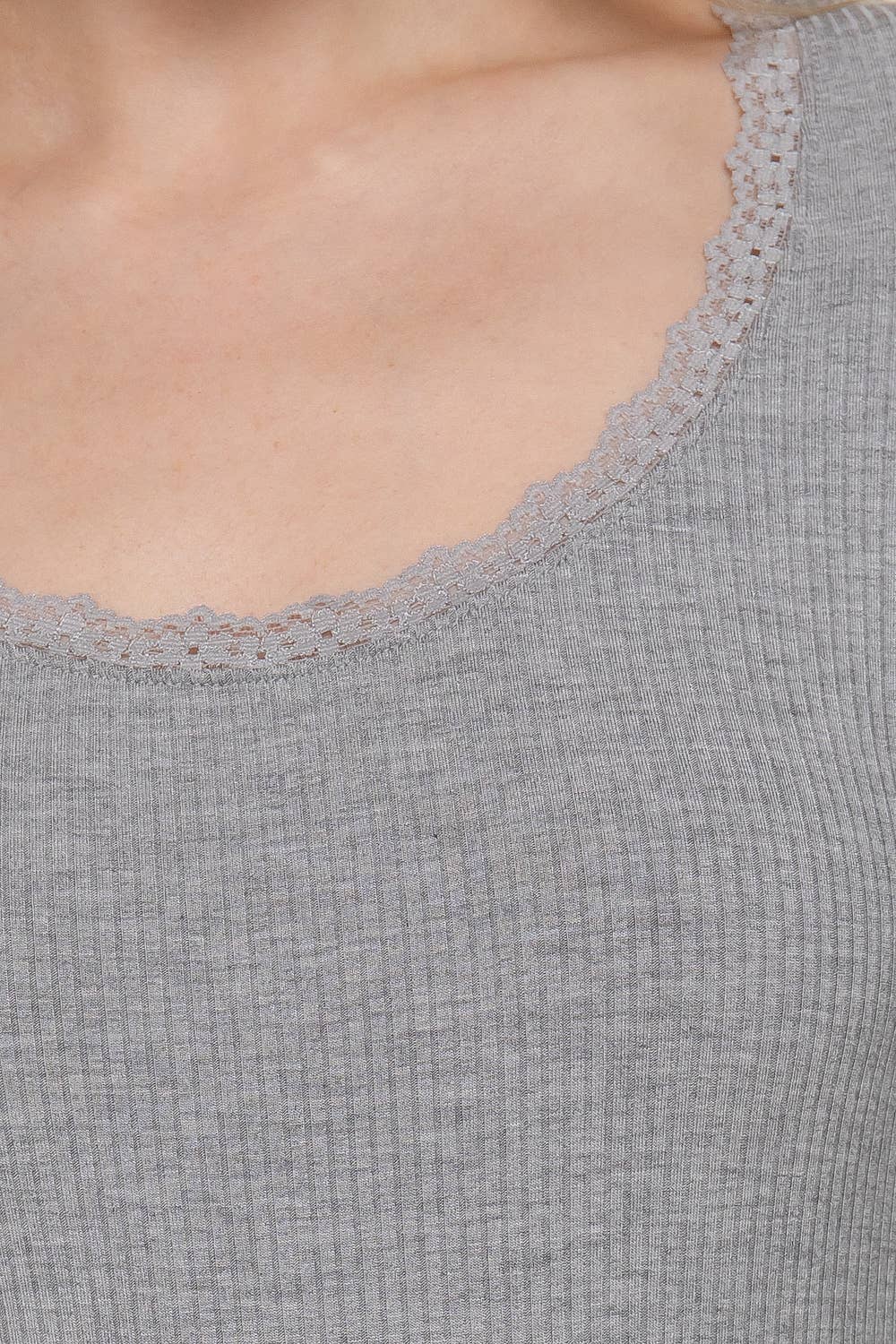 Long Sleeve Scoop Neck with Lace Trim Rib Knit Top