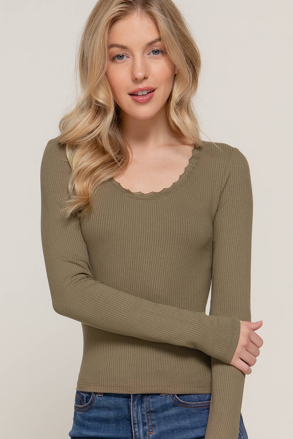 Long Sleeve Scoop Neck with Lace Trim Rib Knit Top