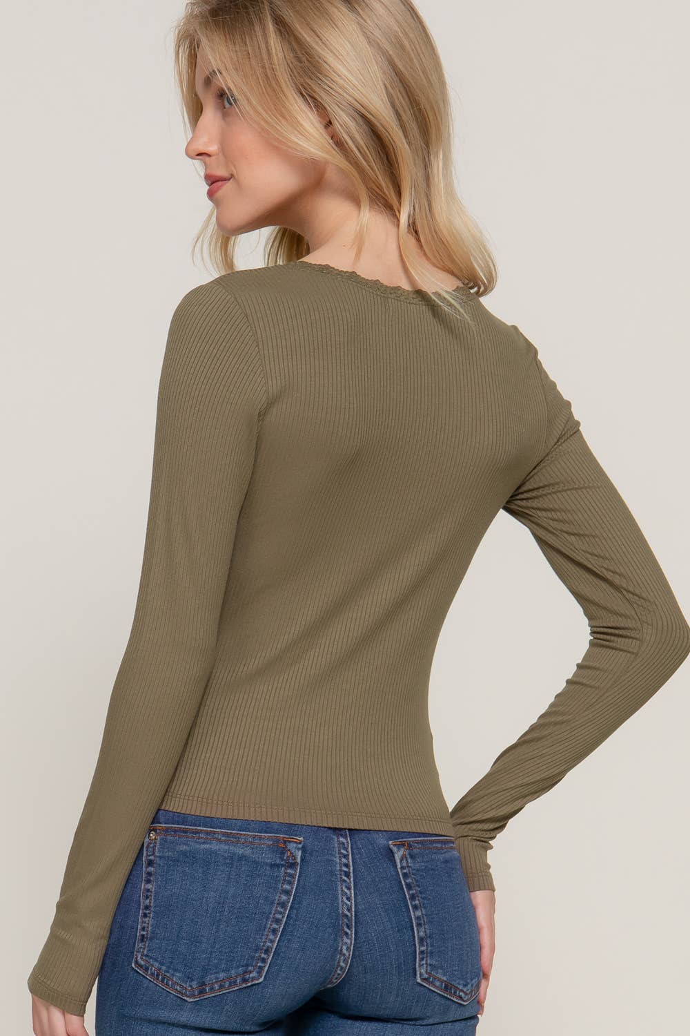 Long Sleeve Scoop Neck with Lace Trim Rib Knit Top