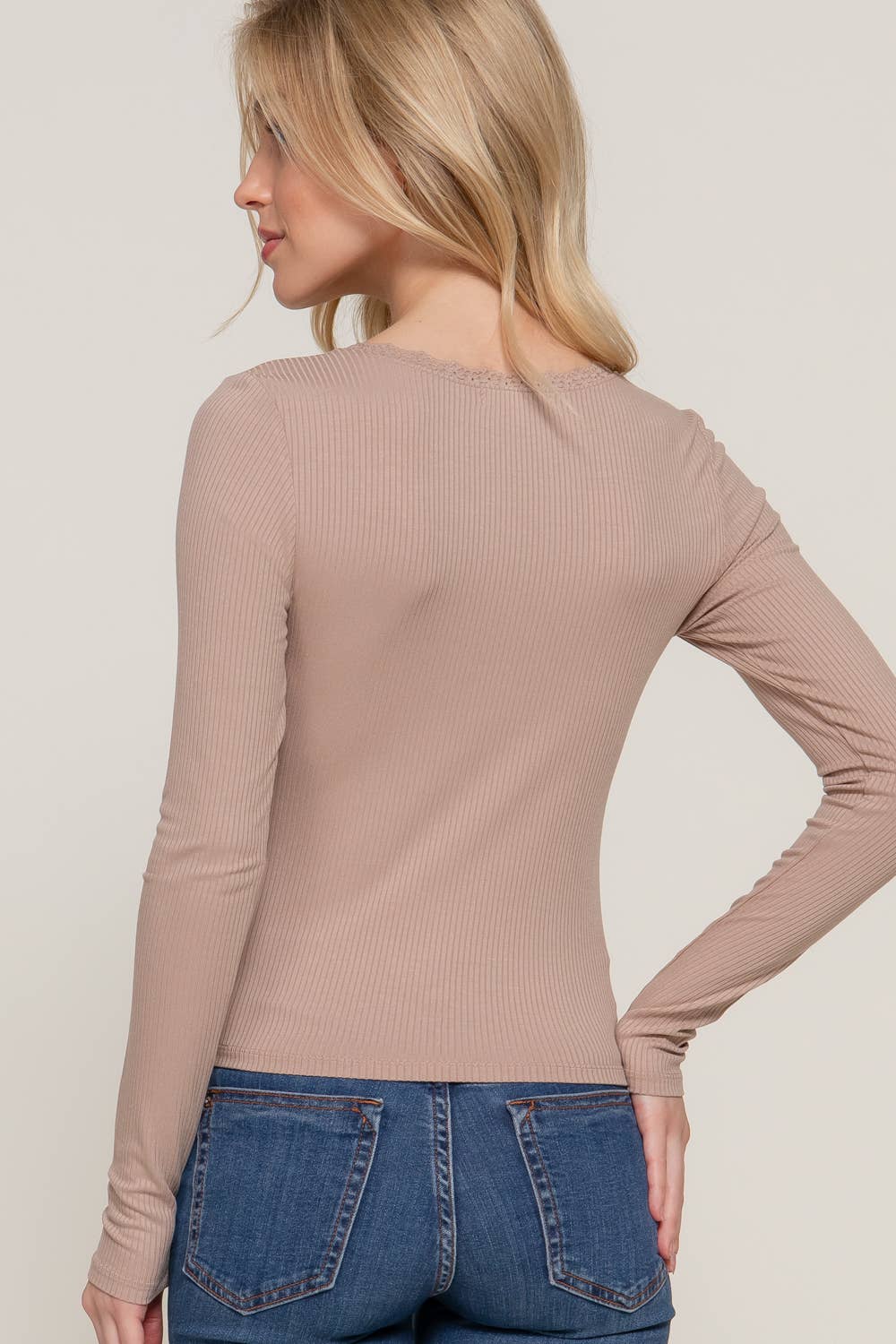 Long Sleeve Scoop Neck with Lace Trim Rib Knit Top