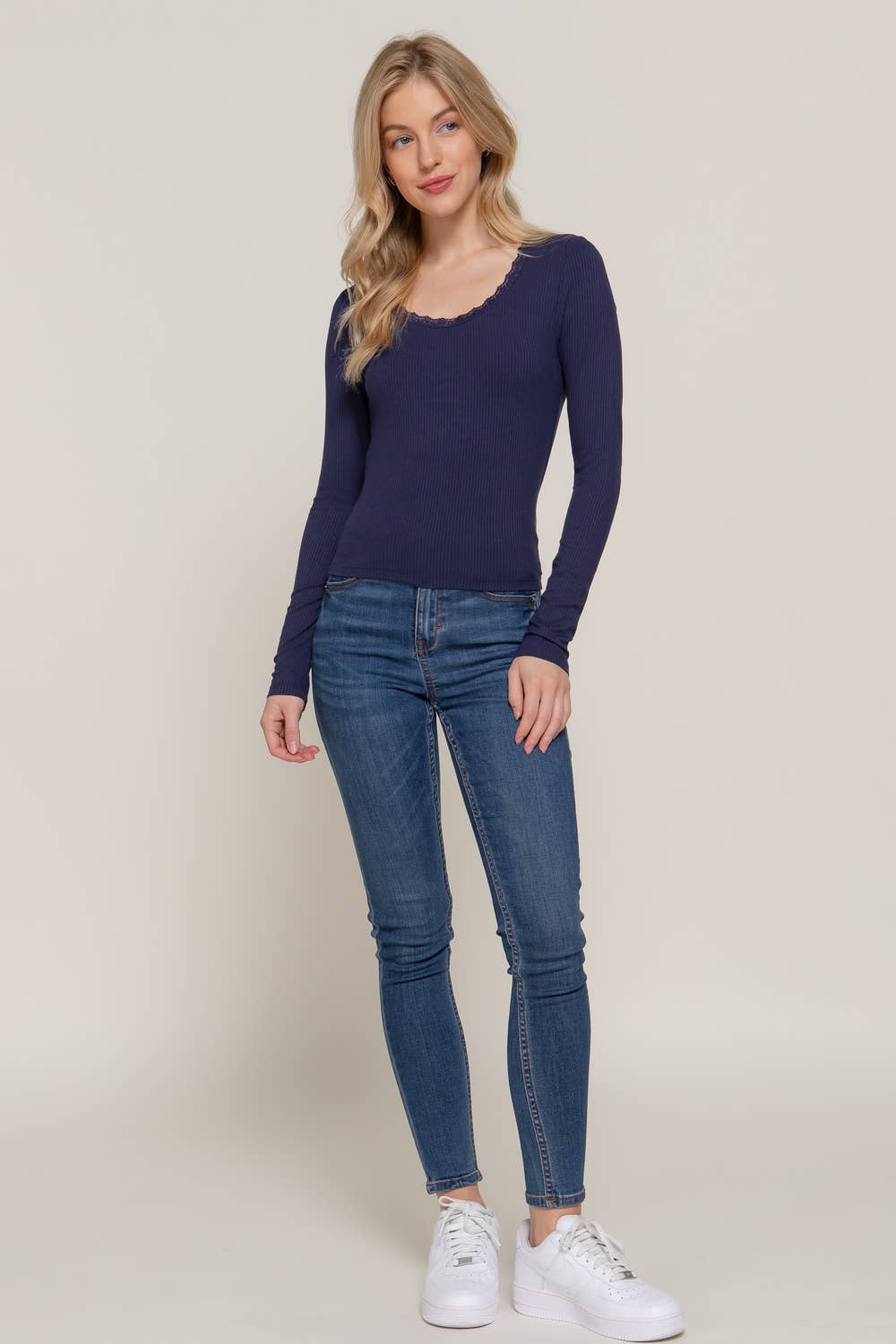Long Sleeve Scoop Neck with Lace Trim Rib Knit Top