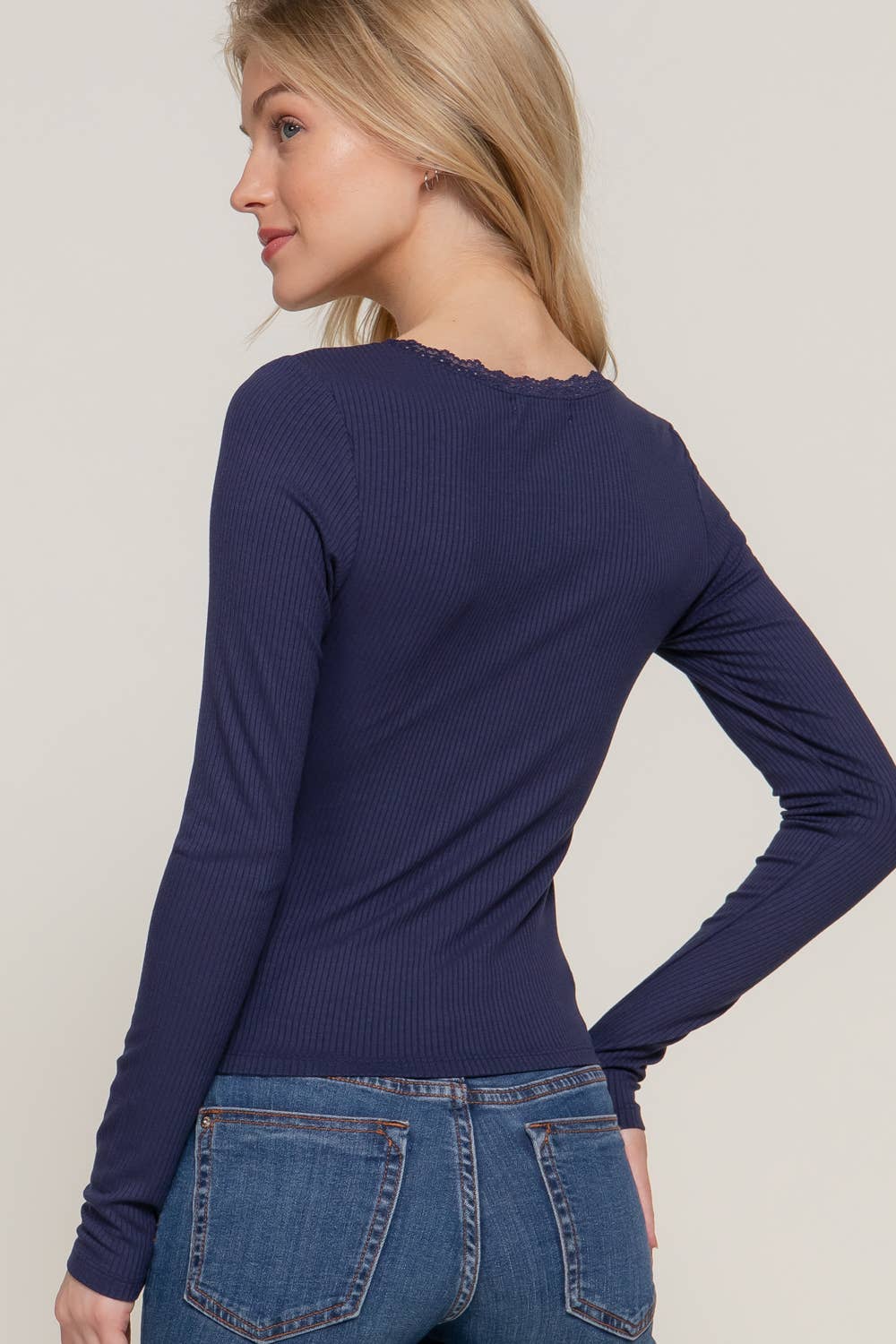 Long Sleeve Scoop Neck with Lace Trim Rib Knit Top