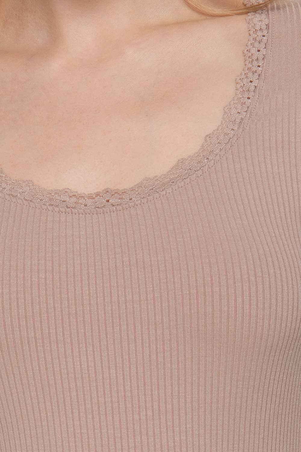 Long Sleeve Scoop Neck with Lace Trim Rib Knit Top