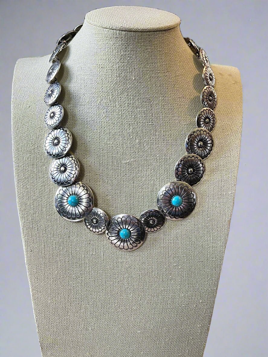 Overlapping Concho with Faux Turquoise Necklace - 18 inch