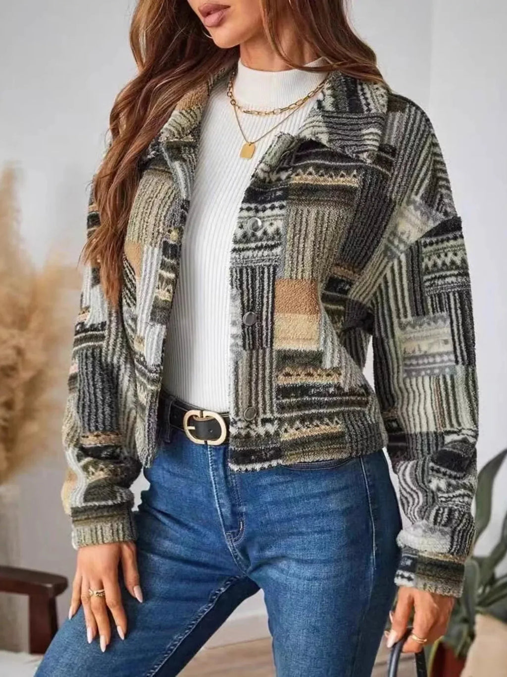 Patchwork Western Button-Up Dropped Shoulder Jacket