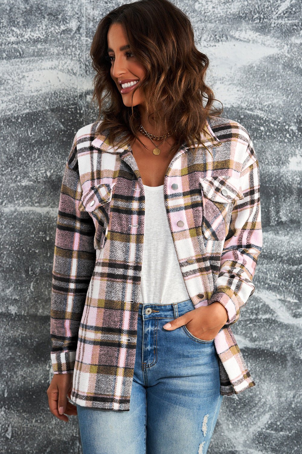 Plaid Button Boyfriend Style Shirt Jacket with Breast Pockets