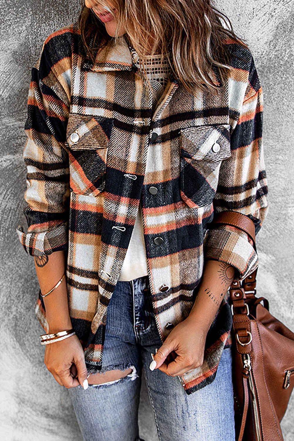 Plaid Button Boyfriend Style Shirt Jacket with Breast Pockets