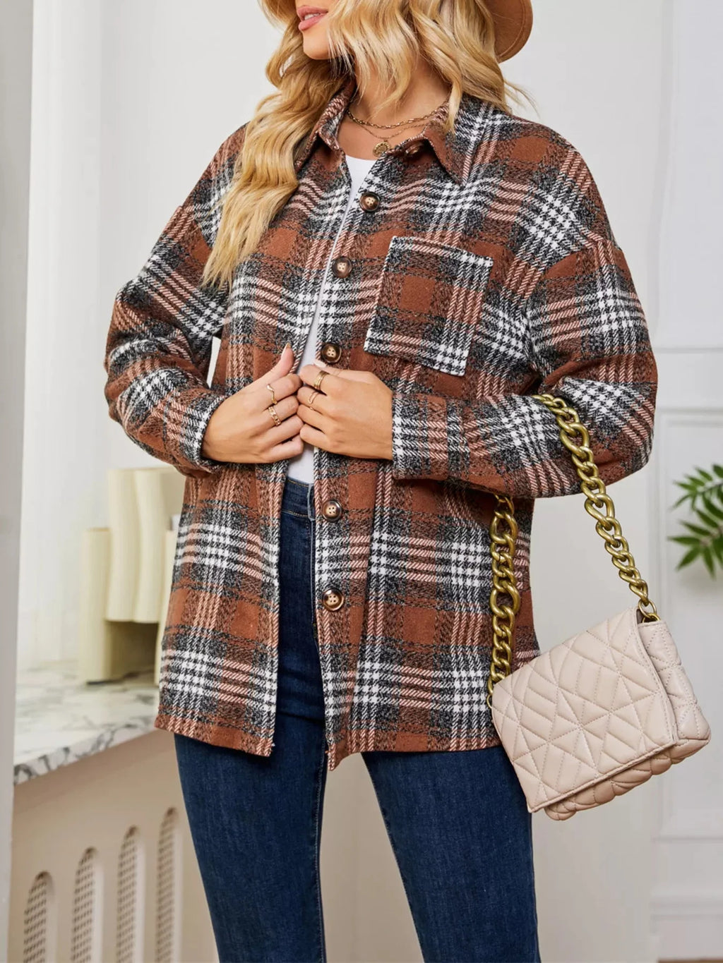 Plaid Button Up Long Sleeve Shacket