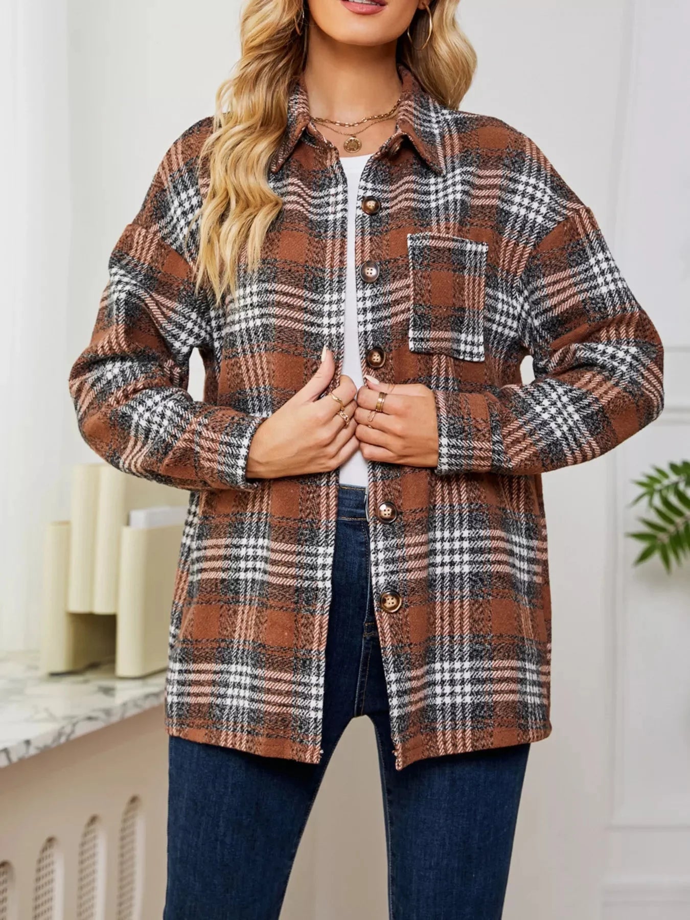 Plaid Button Up Long Sleeve Shacket