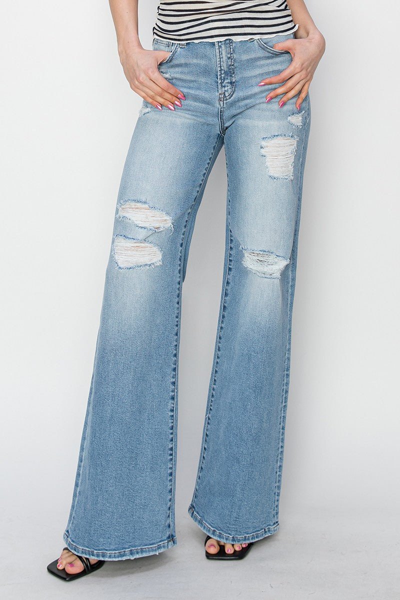 Risen High Rise Wide Distressed Jeans