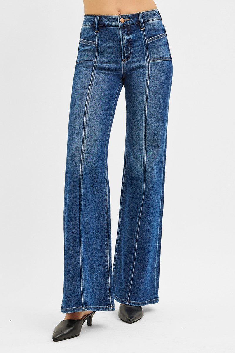 Risen Mid Rise Front Seam Wide Leg Jeans