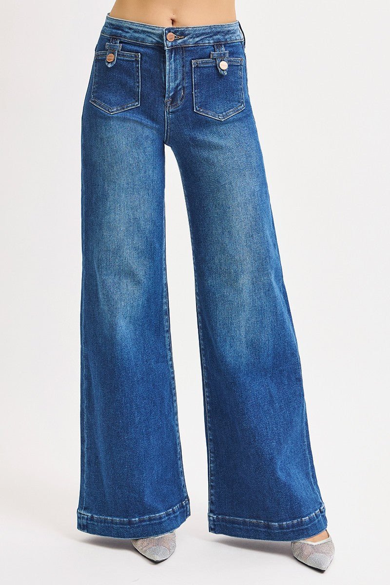 Risen Mid Rise Wide Front Patch Pocket Jeans