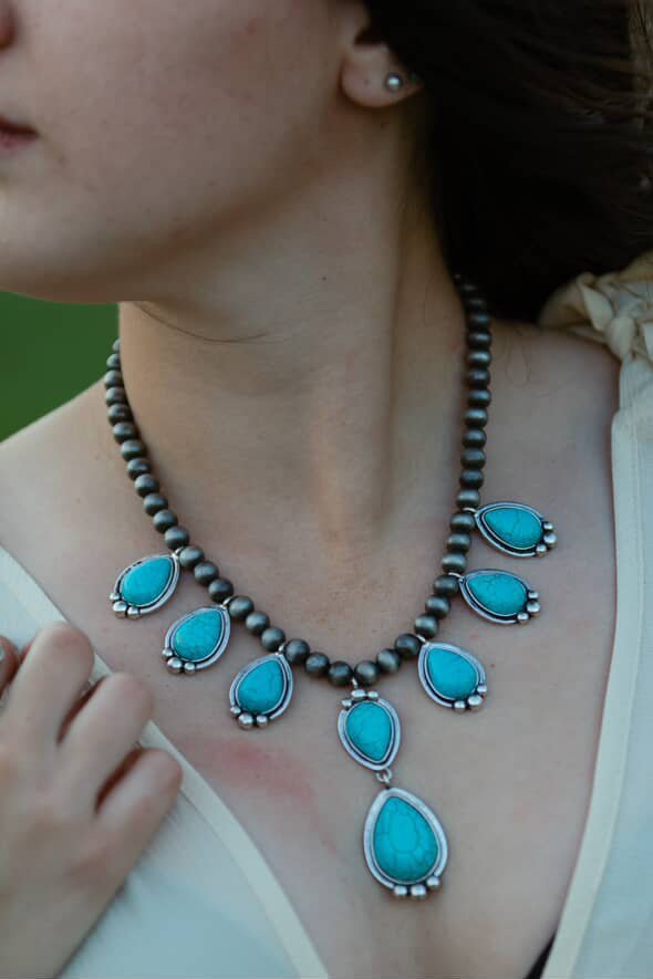Teardrop Faux Turquoise and Sterling Pearl Necklace - 16 inch + 3