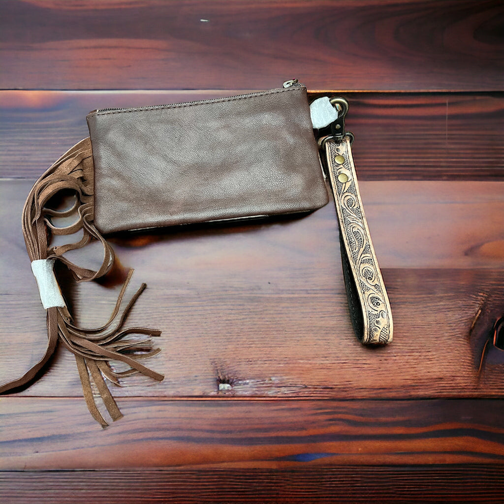Tooled Cowhide Wristlet Pouch