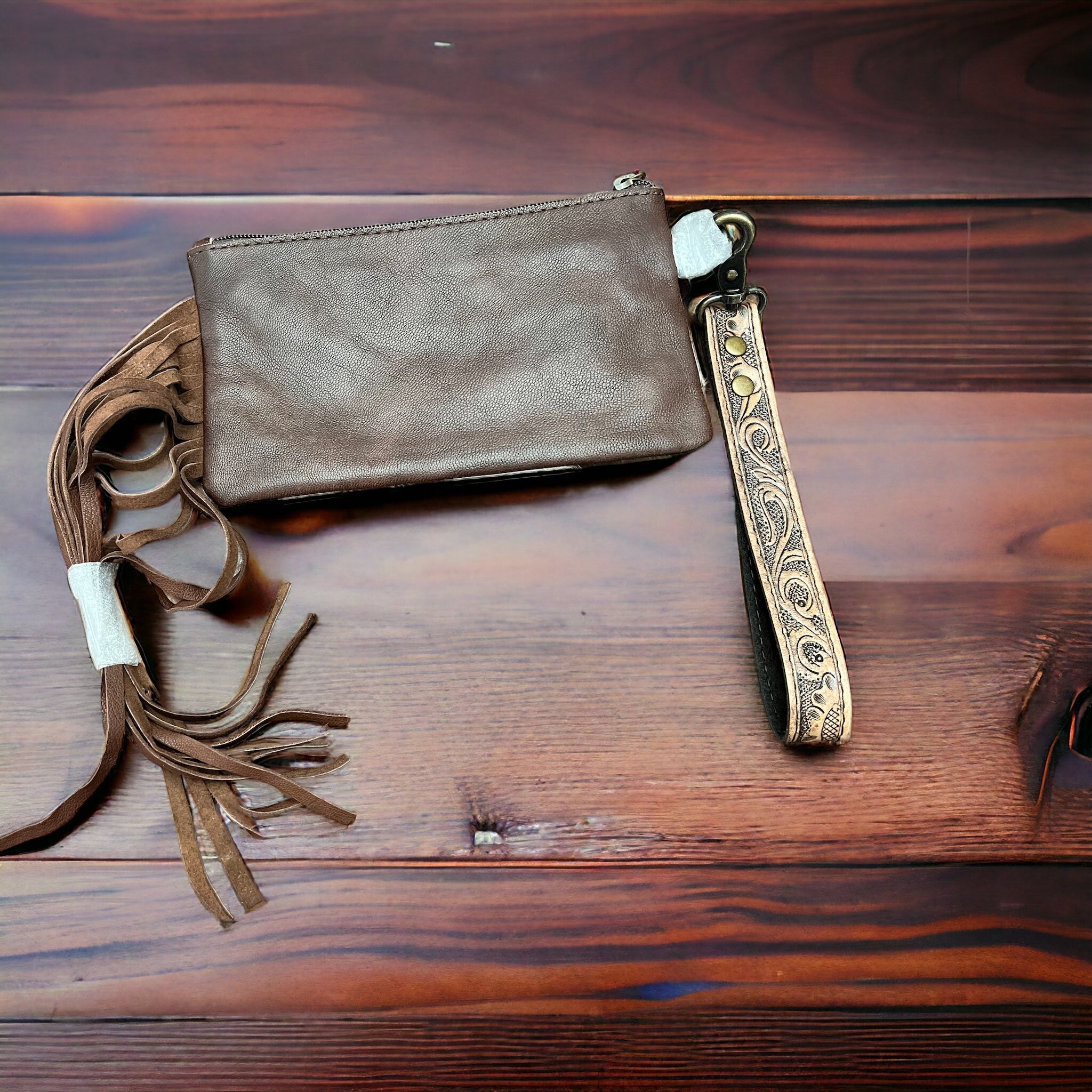 Tooled Cowhide Wristlet Pouch