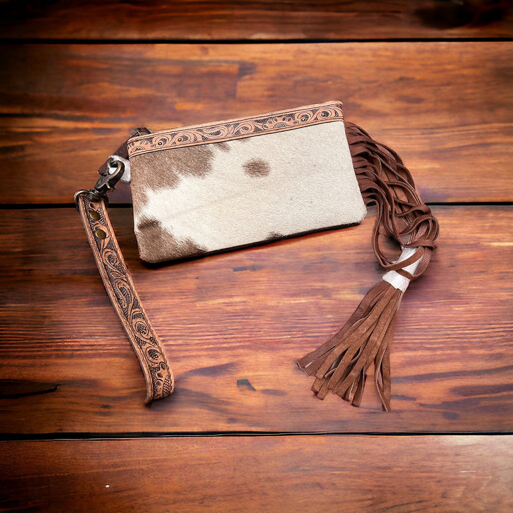 Tooled Cowhide Wristlet Pouch