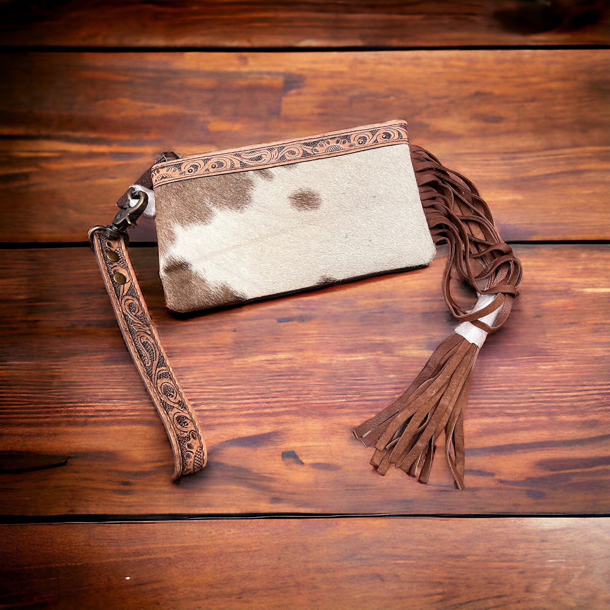 Tooled Cowhide Wristlet Pouch