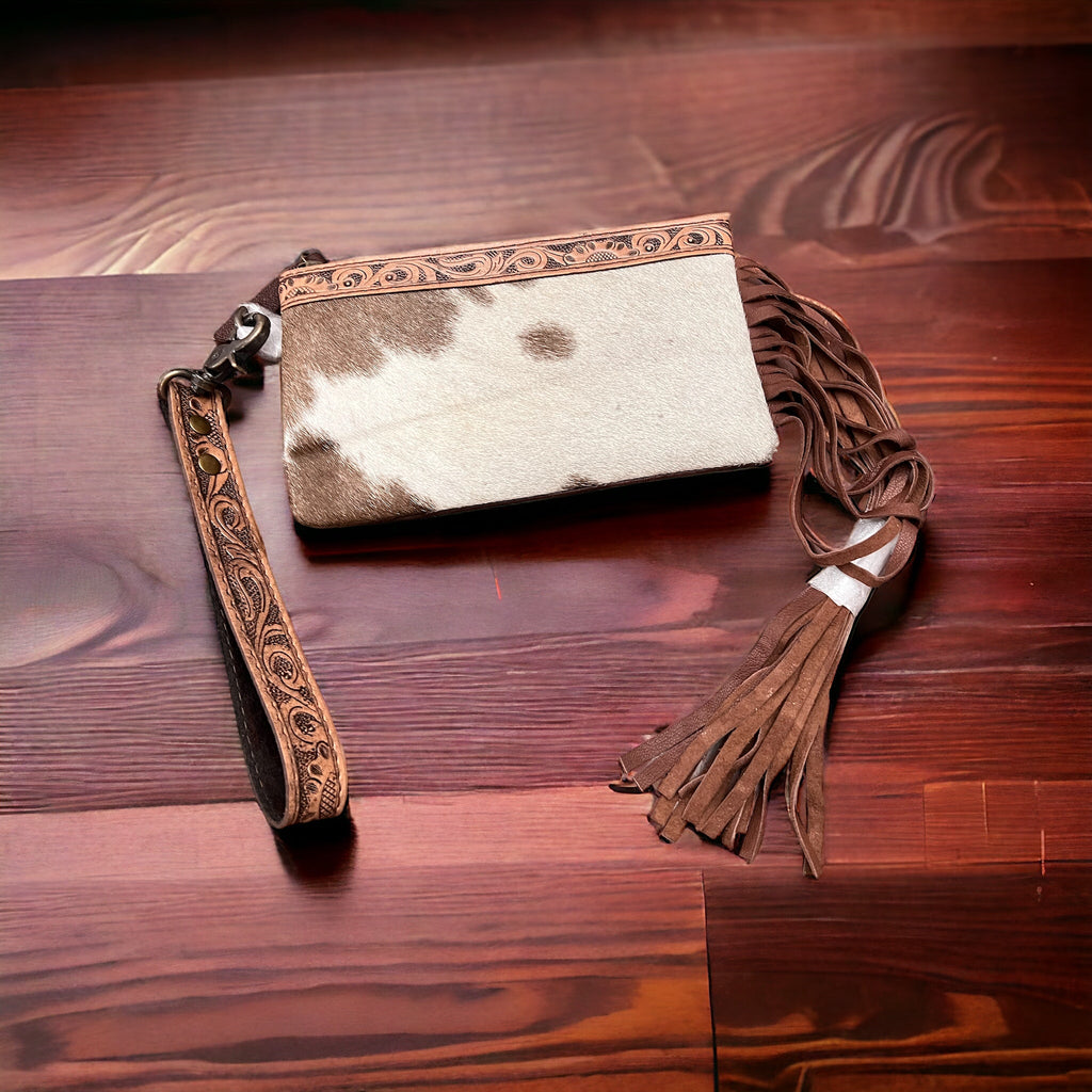 Tooled Cowhide Wristlet Pouch