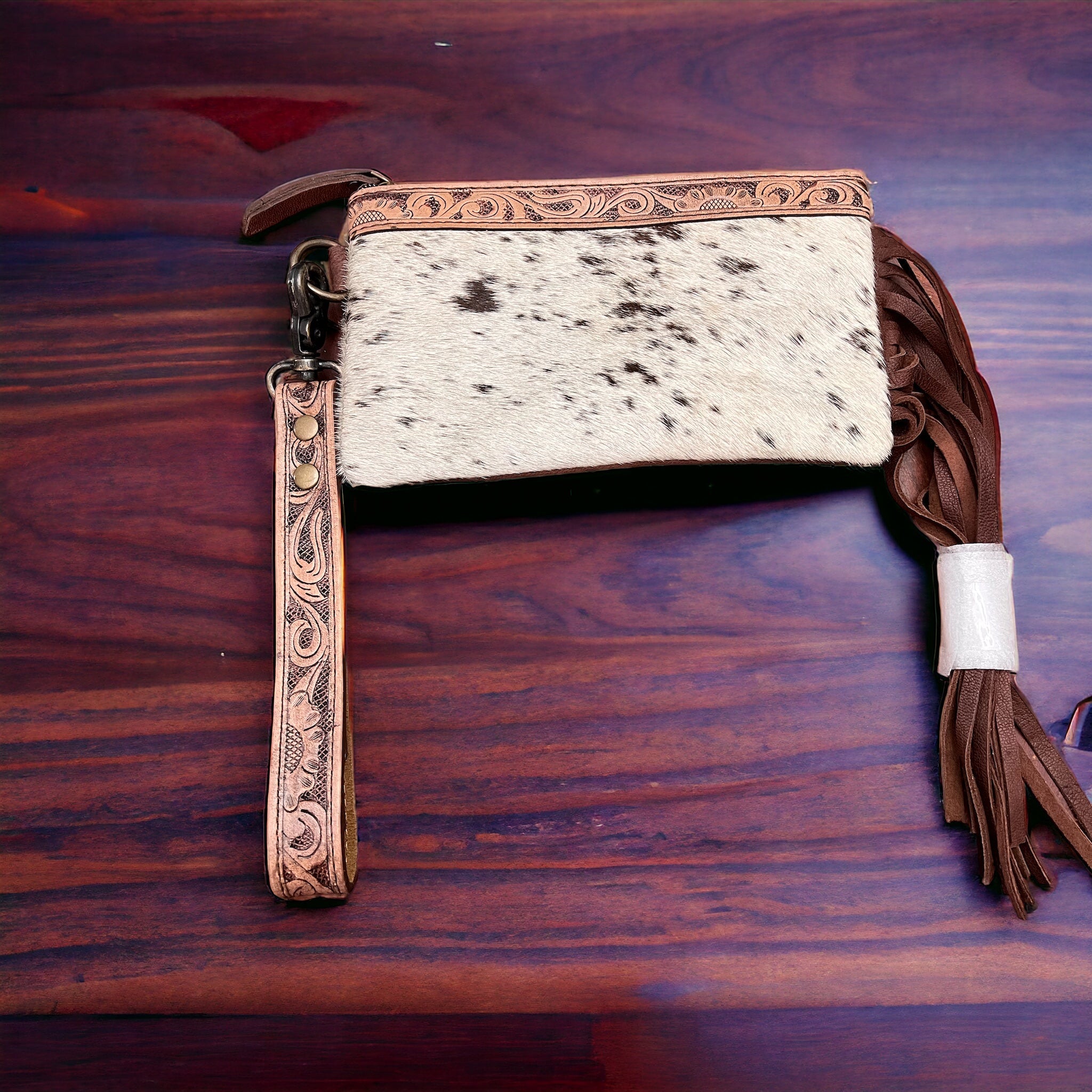 Tooled Cowhide Wristlet Pouch
