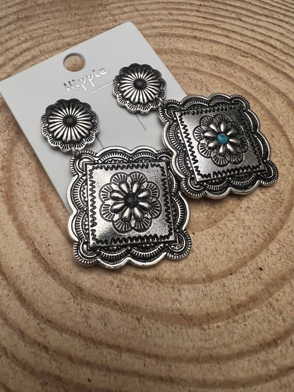 Western Concho Dangle Earrings with multi color stones - 2 1/2 inch drop