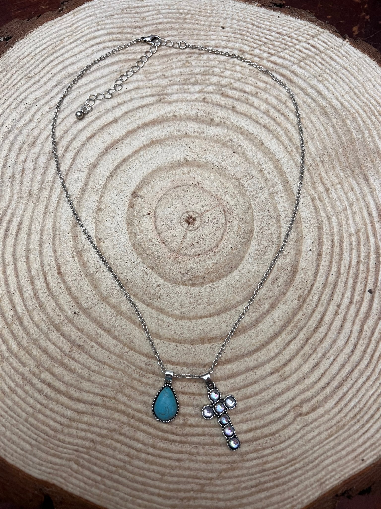 Western Rhinestone Cross and Faux Turquoise Dangle Necklace - 18 inch + 3