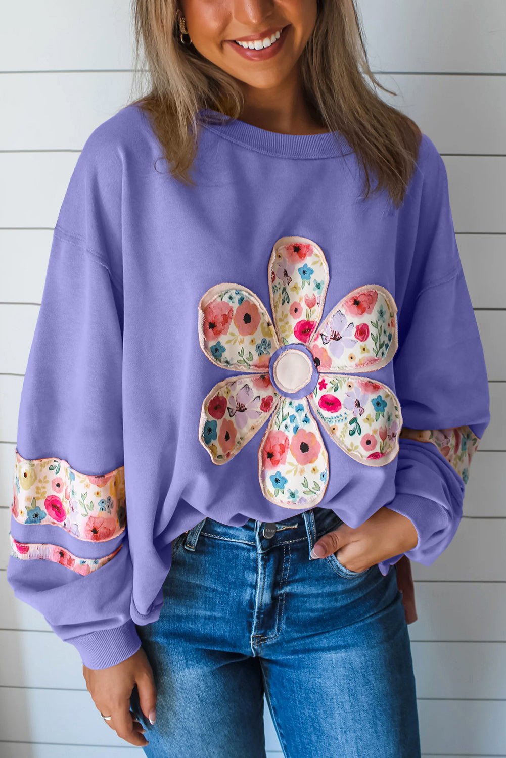 Wisteria Flower Applique Patchwork Drop Sleeve Pullover Sweatshirt